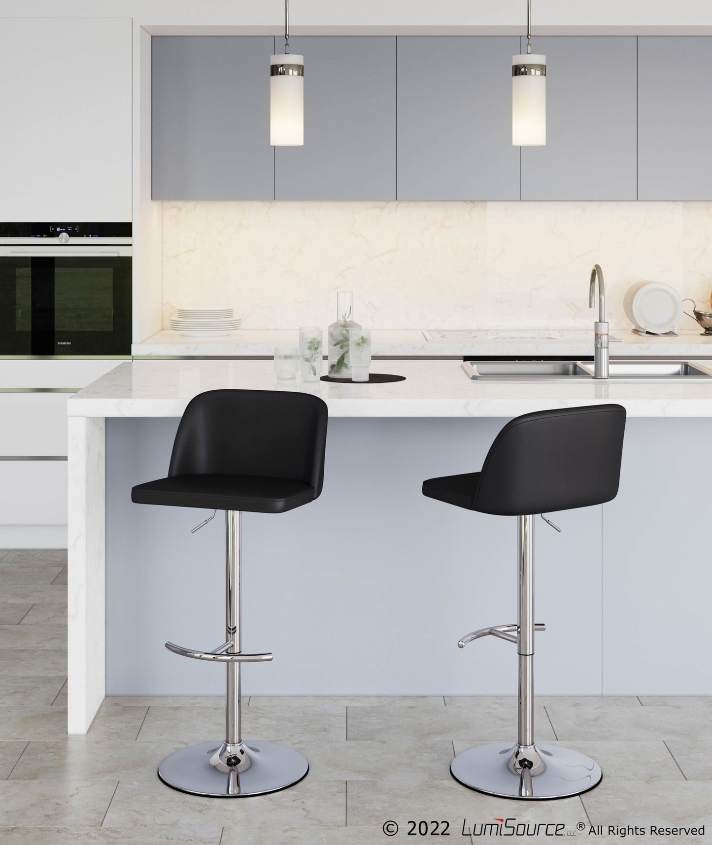 Toriano Contemporary Adjustable Bar Stool in Chrome with Rounded T Footrest and Black Faux Leather By LumiSource - Set of 2 | Bar Stools | Modishstore
