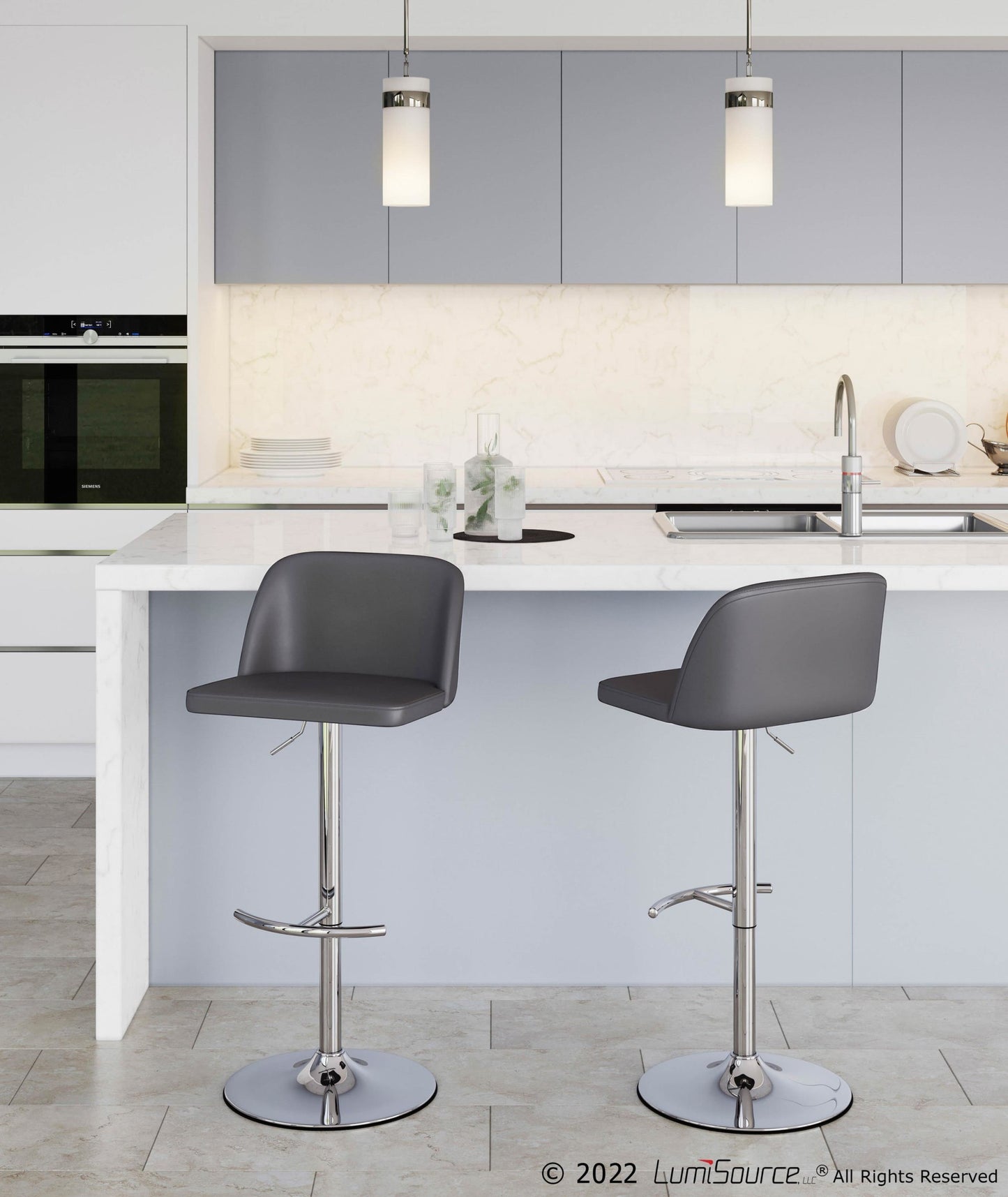 Toriano Contemporary Adjustable Bar Stool in Chrome with Rounded T Footrest and Black Faux Leather By LumiSource - Set of 2 | Bar Stools | Modishstore - 23