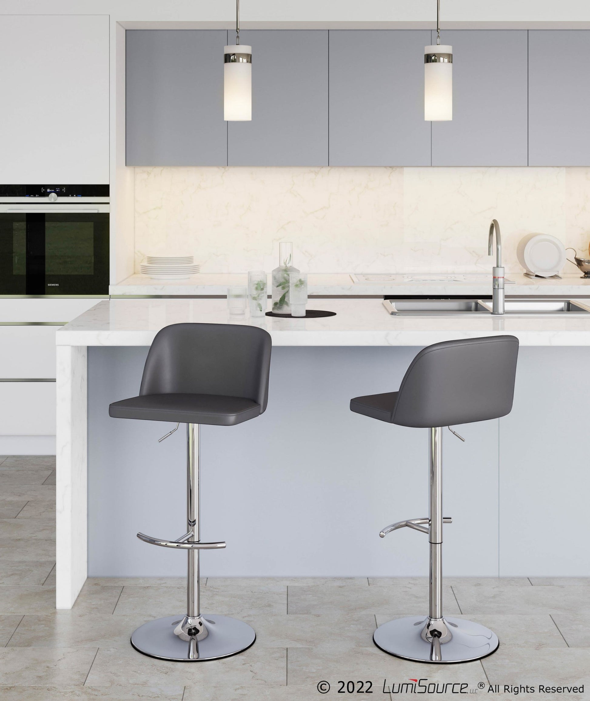 Toriano Contemporary Adjustable Bar Stool in Chrome with Rounded T Footrest and Black Faux Leather By LumiSource - Set of 2 | Bar Stools | Modishstore - 23