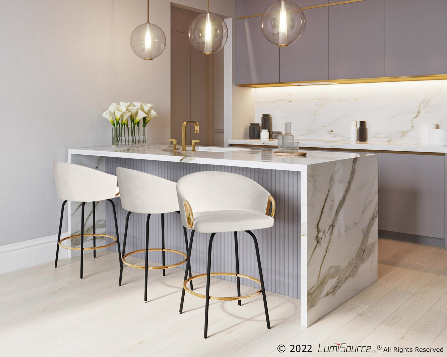 Claire 26" Contemporary/Glam Fixed Height Counter Stool with Swivel in Black Metal and Cream Velvet with Gold Metal Accents By LumiSource - Set of 2 | Counter Stools | Modishstore