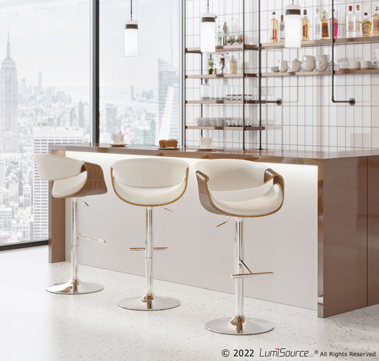 Curvo Mid-Century Modern Adjustable Barstool with Swivel in Chrome, Walnut and Cream Fabric By LumiSource - Set of 2 | Bar Stools | Modishstore