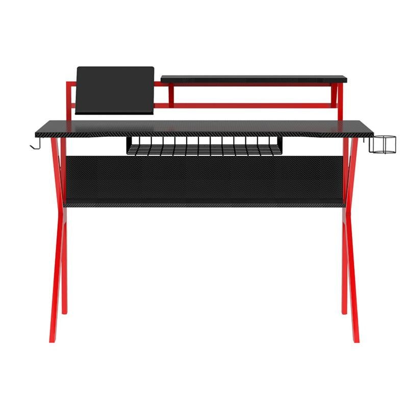 54 Inch Rectangular Gaming Desk With 2 Shelves And K Shape Leg Support, Black And Red By Benzara | Desks |  Modishstore 