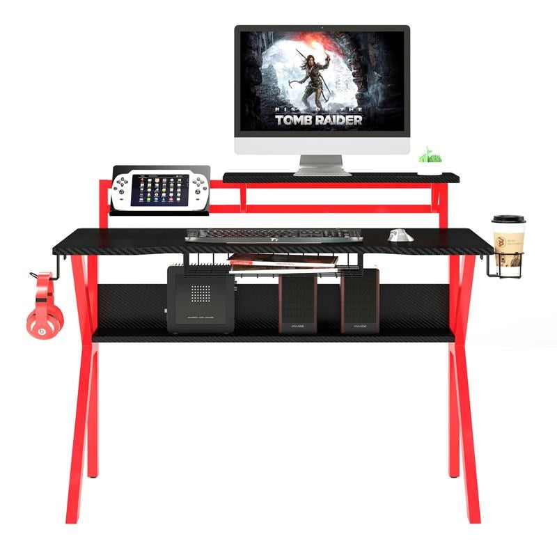 54 Inch Rectangular Gaming Desk With 2 Shelves And K Shape Leg Support, Black And Red By Benzara | Desks |  Modishstore  - 4