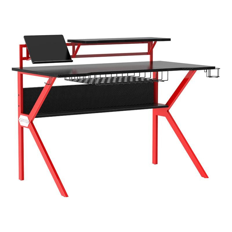 54 Inch Rectangular Gaming Desk With 2 Shelves And K Shape Leg Support, Black And Red By Benzara | Desks |  Modishstore  - 2