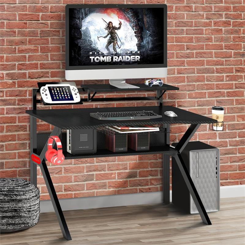 54 Inch Rectangular Gaming Desk With 2 Shelves And K Shape Leg Support, Black By Benzara | Desks |  Modishstore  - 3