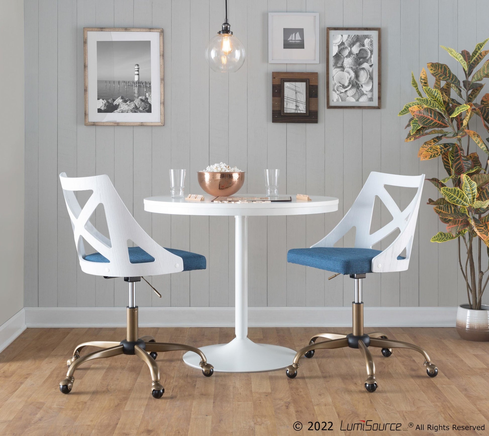 Charlotte Farmhouse Task Chair in Antique Copper Metal, White Textured Wood, and Blue Fabric By LumiSource | Office Chairs | Modishstore