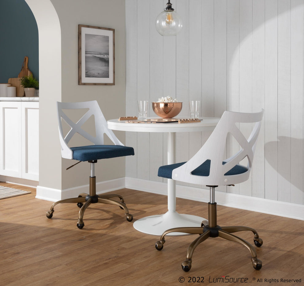 Charlotte Farmhouse Task Chair in Antique Copper Metal, White Textured Wood, and Blue Fabric By LumiSource | Office Chairs | Modishstore - 5
