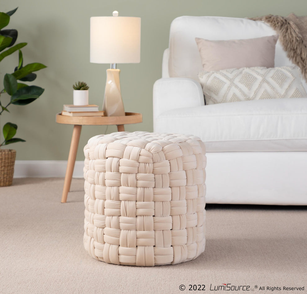 Braided Round 16" Ottoman in Cream Velvet By LumiSource | Ottomans | Modishstore