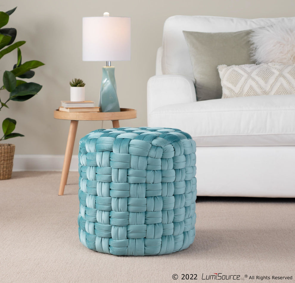 Braided Round 16" Ottoman in Cream Velvet By LumiSource | Ottomans | Modishstore - 11