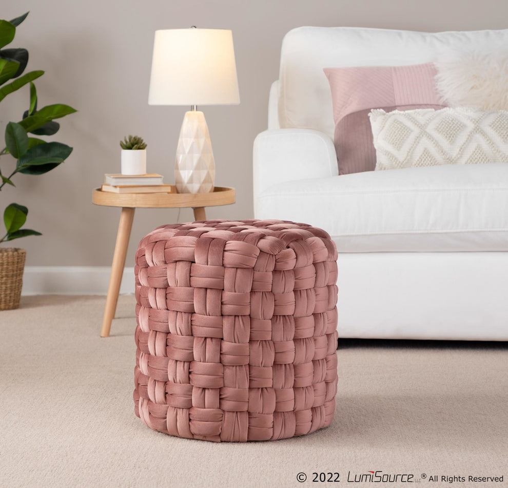 Braided Round 16" Ottoman in Cream Velvet By LumiSource | Ottomans | Modishstore - 15