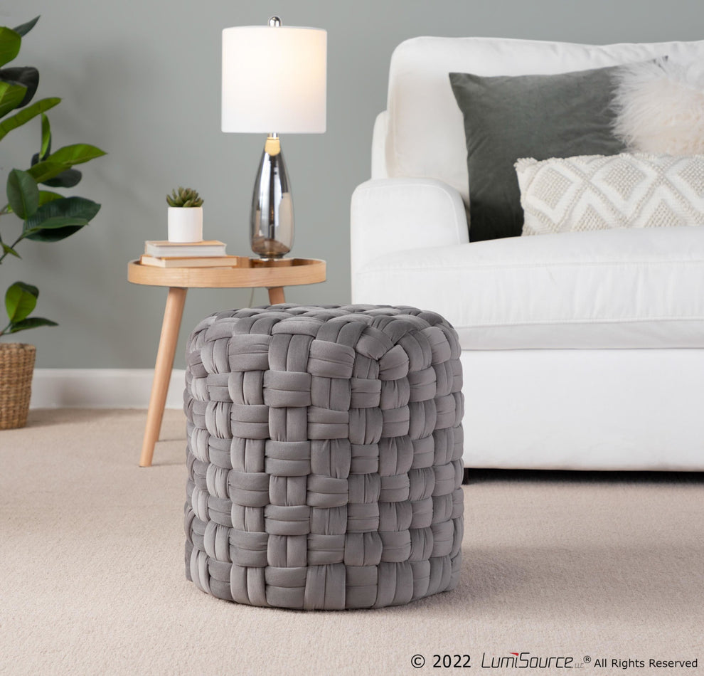 Braided Round 16" Ottoman in Cream Velvet By LumiSource | Ottomans | Modishstore - 7
