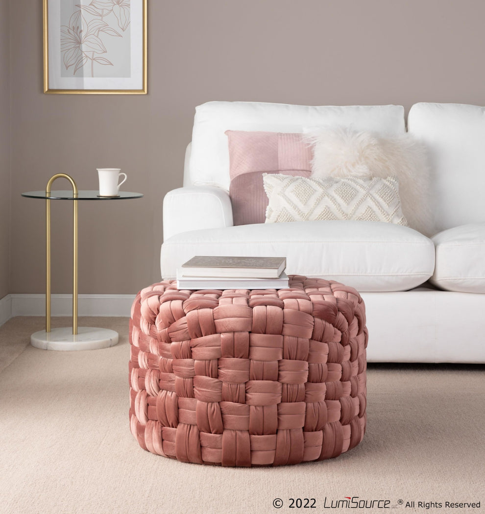 Braided Round 24" Ottoman in Cream Velvet By LumiSource | Ottomans | Modishstore - 15