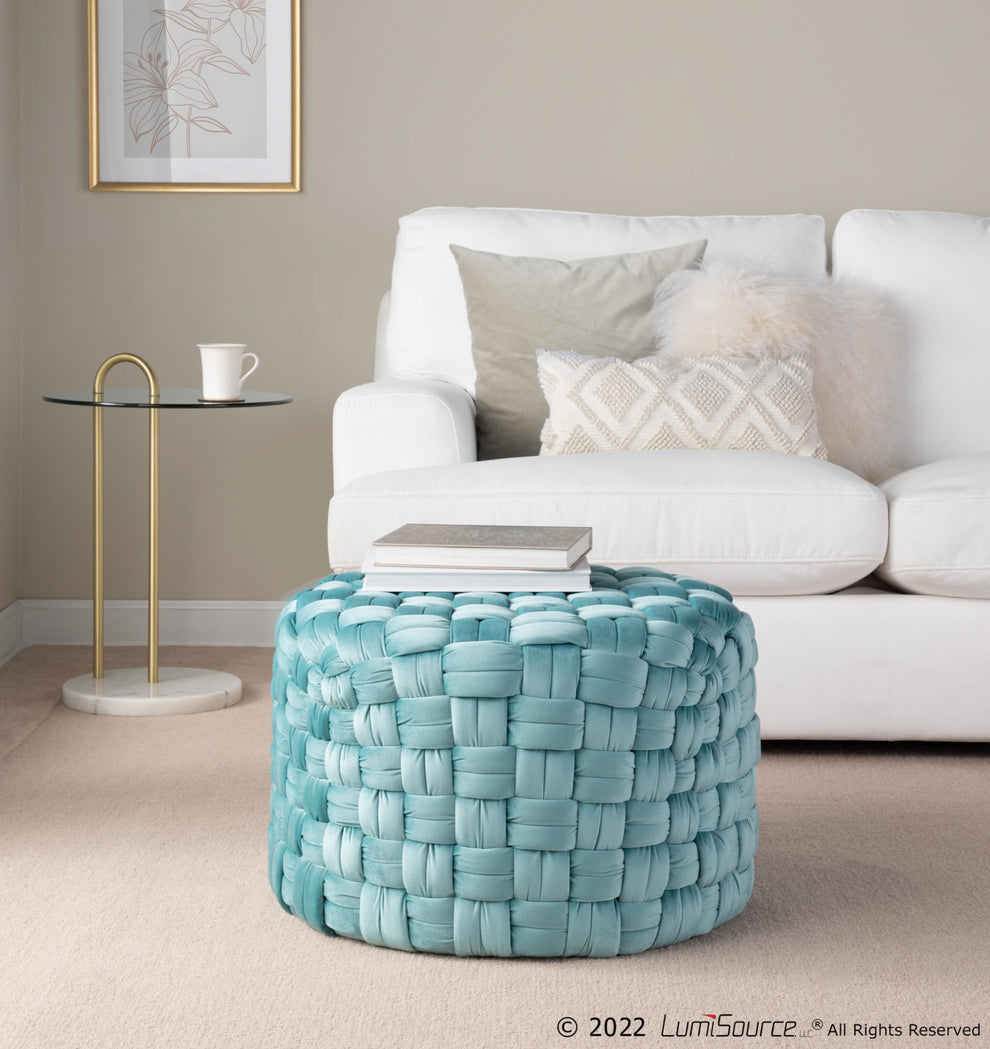 Braided Round 24" Ottoman in Cream Velvet By LumiSource | Ottomans | Modishstore - 11
