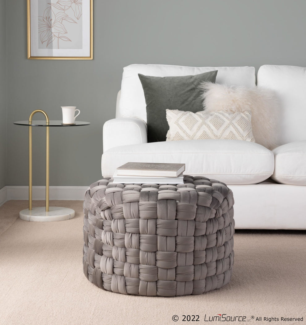 Braided Round 24" Ottoman in Cream Velvet By LumiSource | Ottomans | Modishstore - 7