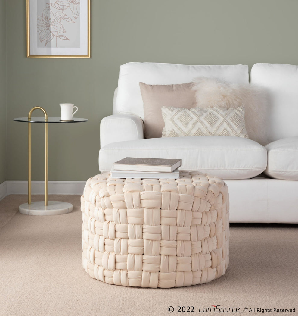 Braided Round 24" Ottoman in Cream Velvet By LumiSource | Ottomans | Modishstore