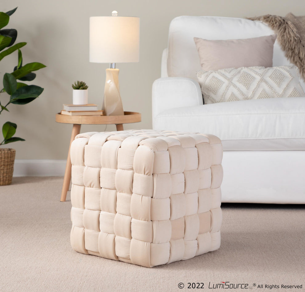 Square Braided 16" Ottoman in Cream Velvet By LumiSource | Ottomans | Modishstore
