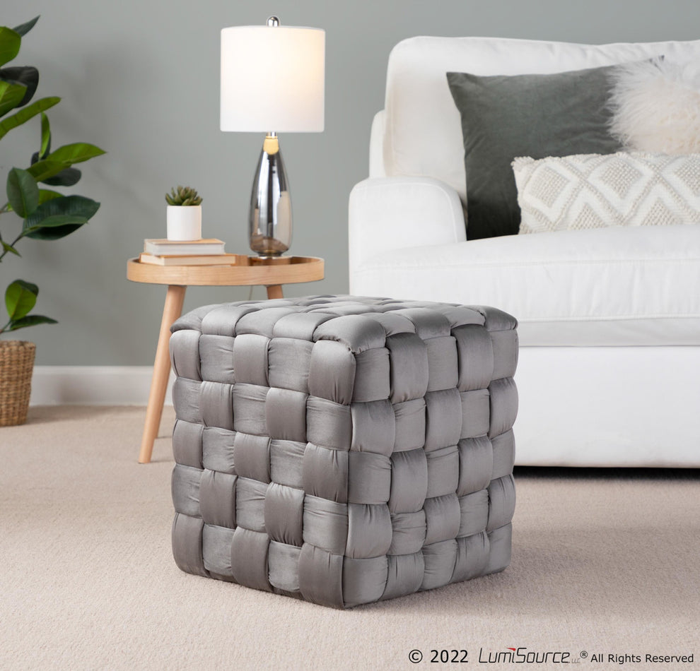 Square Braided 16" Ottoman in Cream Velvet By LumiSource | Ottomans | Modishstore - 8