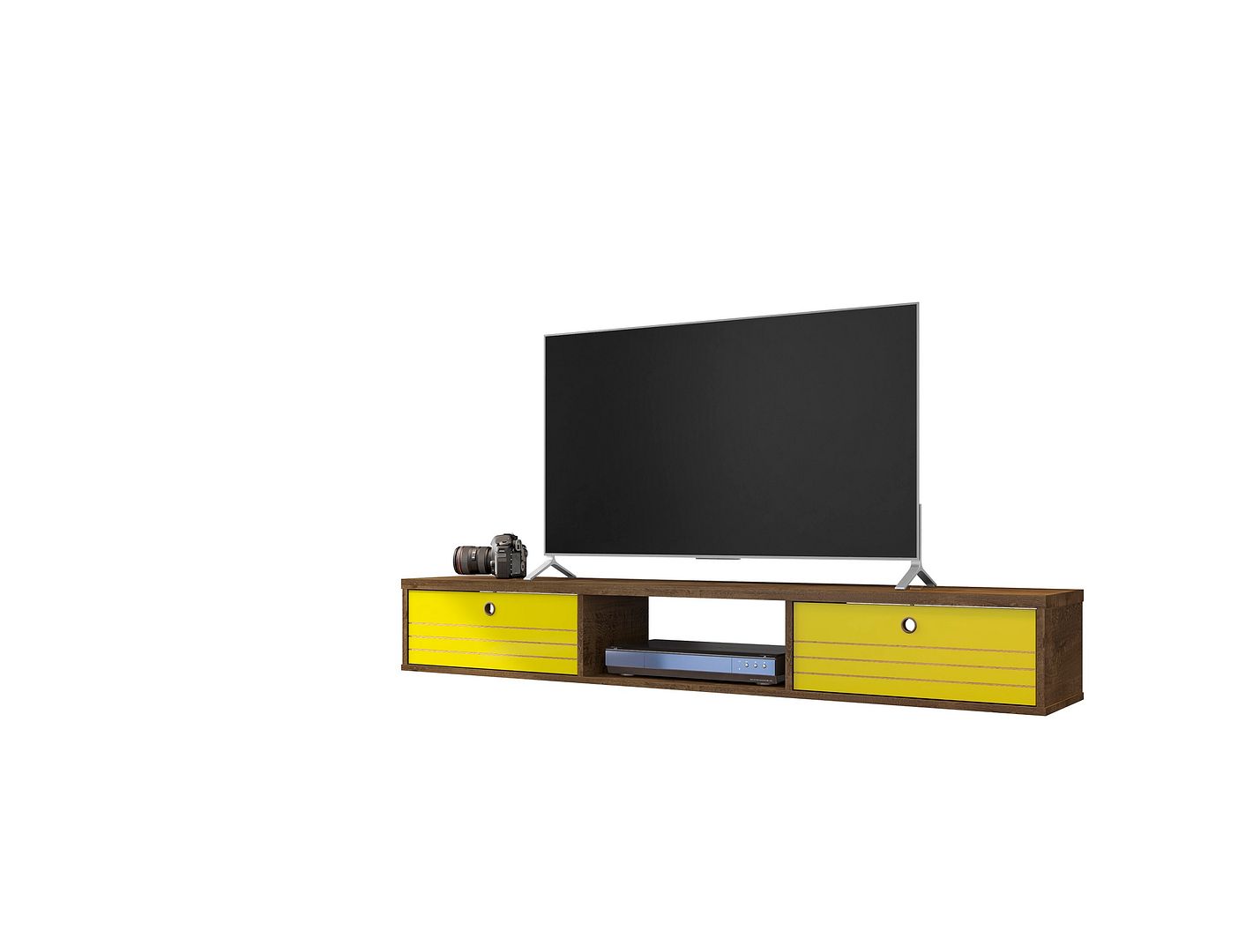 Manhattan Comfort Liberty 62.99 Mid-Century Modern Floating Entertainment Center with 3 Shelves in Rustic Brown and Yellow | TV Stands | Modishstore
