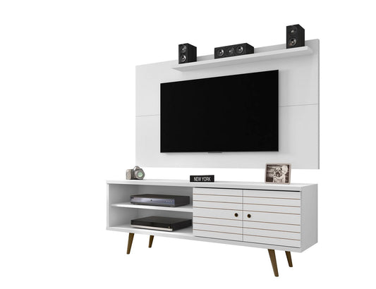 Manhattan Comfort Liberty 62.99 Mid-Century Modern TV Stand and Panel with Solid Wood Legs in White | TV Stands | Modishstore