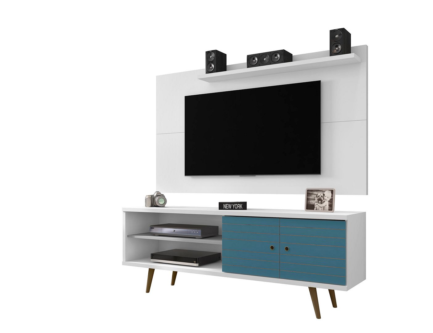 Manhattan Comfort Liberty 62.99 Mid-Century Modern TV Stand and Panel with Solid Wood Legs in White and Aqua Blue | TV Stands | Modishstore