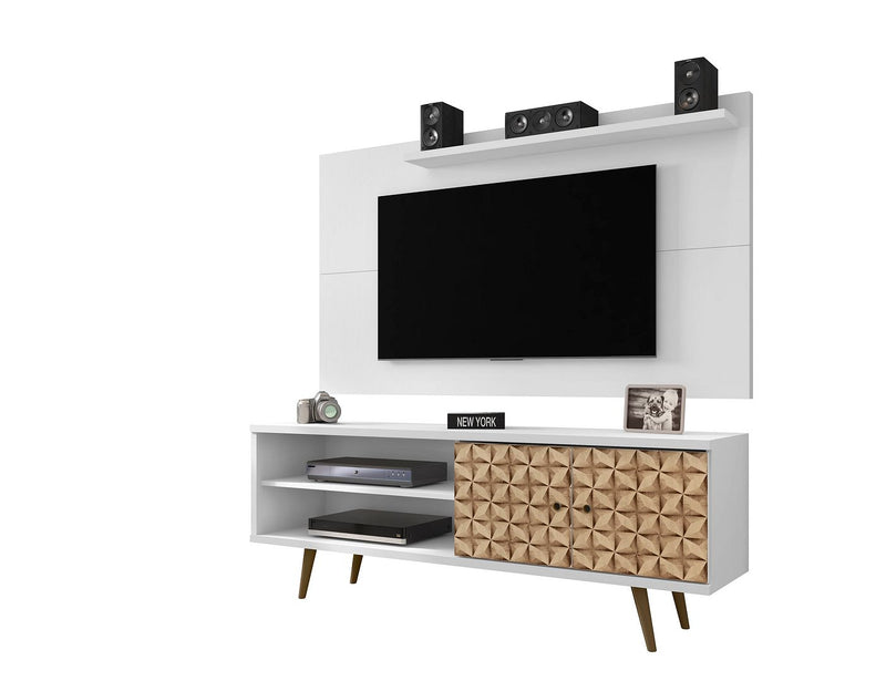 Manhattan Comfort Liberty 62.99 Mid-Century Modern TV Stand and Panel with Solid Wood Legs in White and 3D Brown Prints | TV Stands | Modishstore