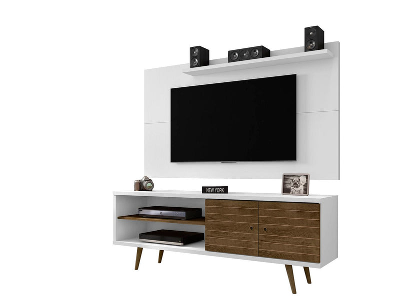 Manhattan Comfort Liberty 62.99 Mid-Century Modern TV Stand and Panel with Solid Wood Legs in White and Rustic Brown | TV Stands | Modishstore