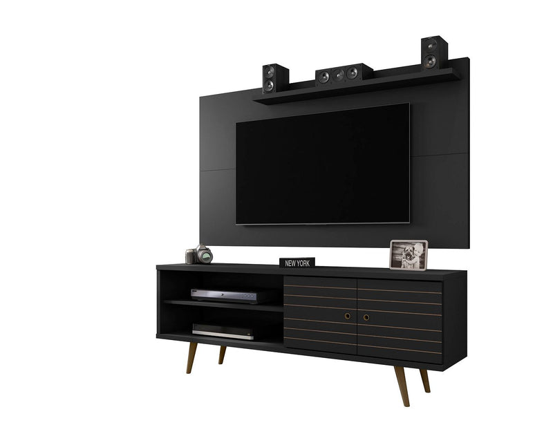 Manhattan Comfort Liberty 62.99 Mid-Century Modern TV Stand and Panel with Solid Wood Legs in Black | TV Stands | Modishstore