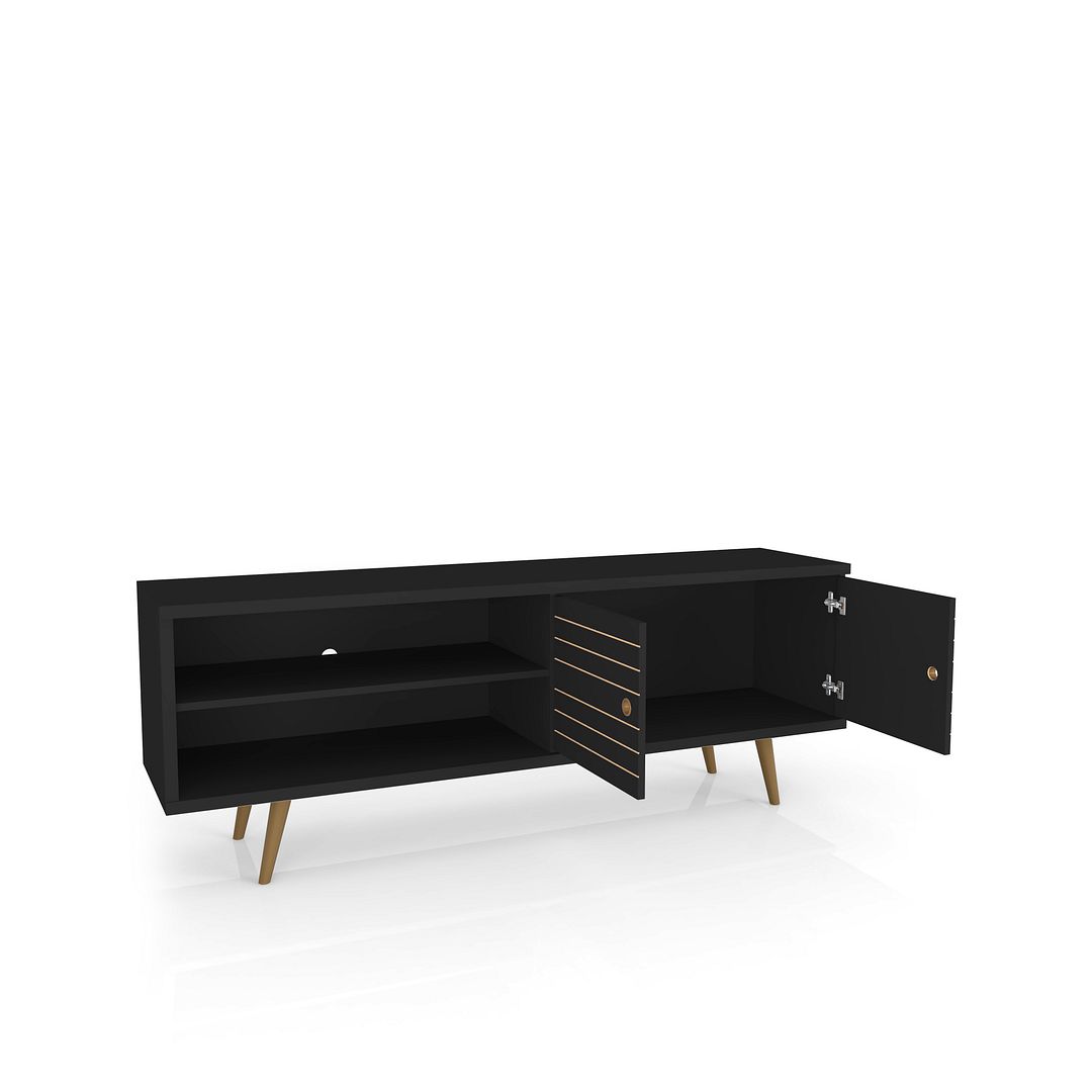 Manhattan Comfort Liberty 62.99 Mid-Century Modern TV Stand and Panel with Solid Wood Legs in Black | TV Stands | Modishstore-2