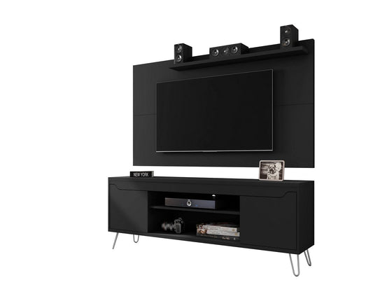 Manhattan Comfort Baxter 62.99 Mid-Century Modern TV Stand and Liberty Panel with Media and Display Shelves in Black | TV Stands | Modishstore