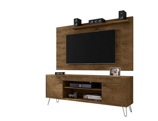 Manhattan Comfort Baxter 62.99 Mid-Century Modern TV Stand and Liberty Panel with Media and Display Shelves in Rustic Brown | TV Stands | Modishstore