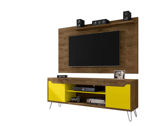 Manhattan Comfort Baxter 62.99 Mid-Century Modern TV Stand and Liberty Panel with Media and Display Shelves in Rustic Brown and Yellow | TV Stands | Modishstore