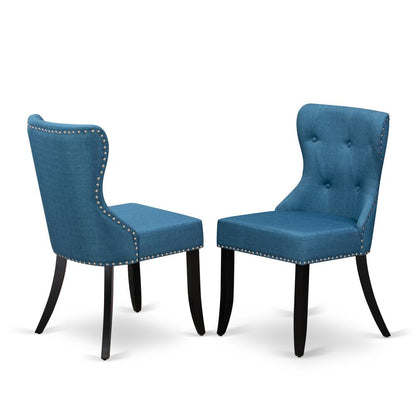 Set Of 2 - Mid Century Dining Chairs- Dinner Chairs Includes Black Wood Structure With Blue Linen Fabric Seat With Nail Head And Button Tufted Back By East West Furniture | Dining Chairs | Modishstore