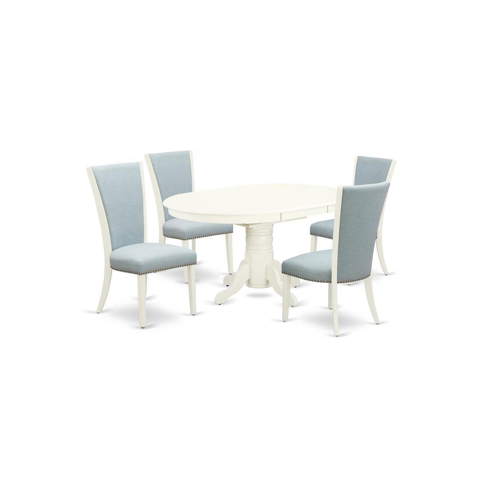 A Dining Room Table Set Of 4 Wonderful Parson Dining Chairs With Linen Fabric Baby Blue Color And A Gorgeous 18" Butterfly Leaf Oval Dining Table With Linen White Co By East West Furniture | Dining Sets | Modishstore