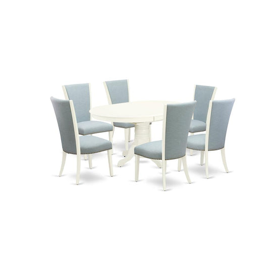 A Dinette Set Of 6 Wonderful Kitchen Dining Chairs With Linen Fabric Baby Blue Color And A Wonderful 18" Butterfly Leaf Oval Dining Room Table With Linen White Color By East West Furniture | Dining Sets | Modishstore