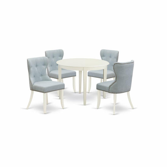 A Wooden Dining Table Set Of 4 Wonderful Dining Room Chairs With Linen Fabric Baby Blue Color And A Gorgeous Wooden Dining Table With Linen White Color By East West Furniture | Dining Sets | Modishstore