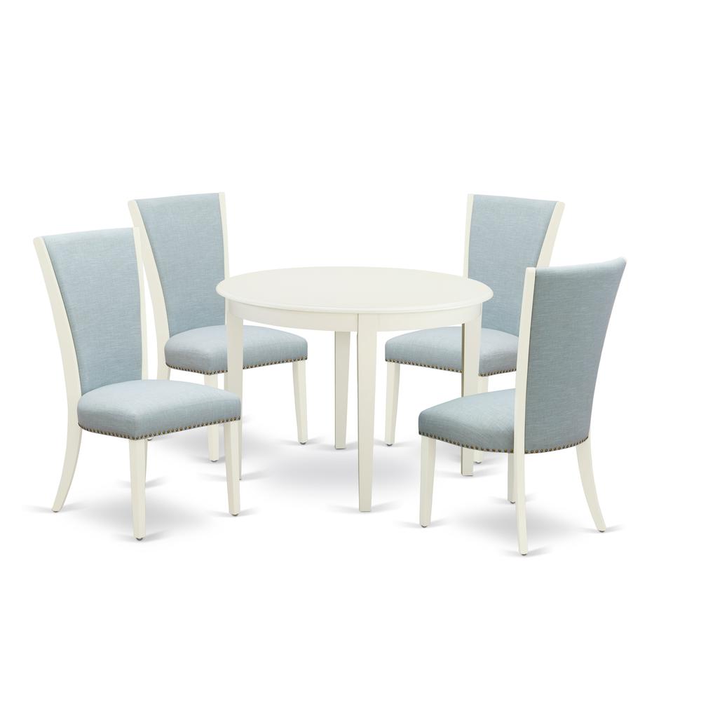 A Dining Room Table Set Of 4 Excellent Kitchen Dining Chairs With Linen Fabric Baby Blue Color And A Gorgeous Round Dining Table With Linen White Color By East West Furniture | Dining Sets | Modishstore