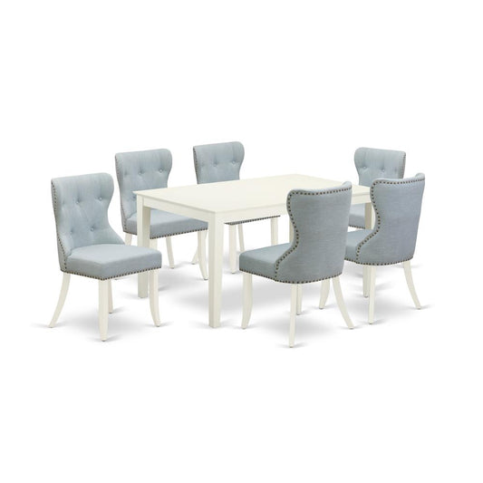 A Dining Set Of 6 Fantastic Dining Chairs With Linen Fabric Baby Blue Color And A Lovely Dinner Table With Linen White Color By East West Furniture | Dining Sets | Modishstore