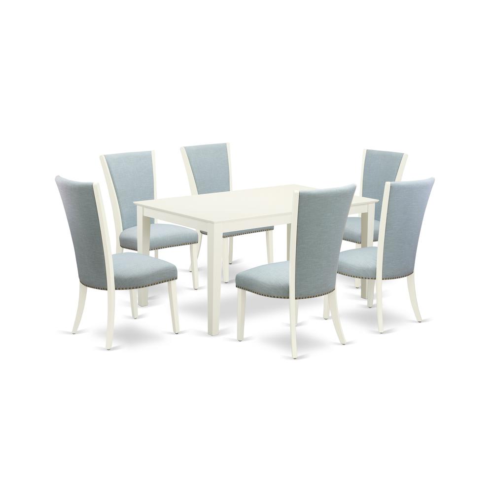 A Modern Dining Table Set Of 6 Wonderful Parson Chairs And Wood Table With Linen White Color By East West Furniture | Dining Sets | Modishstore
