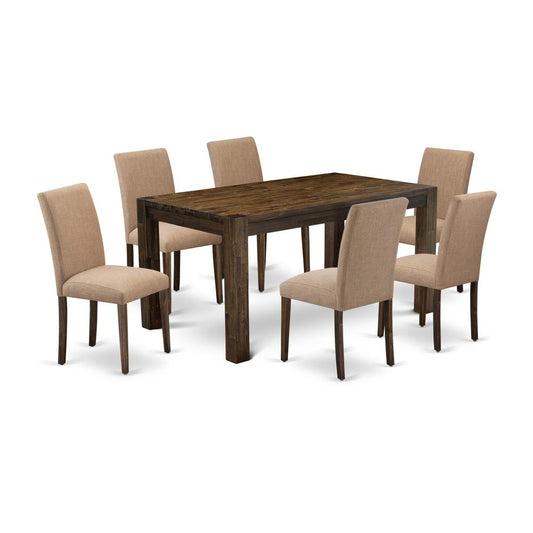 7Pc Dining Room Table Set Consists Of A Rectangle Table And 6 Parson Chairs With Light Sable Color Linen Fabric, Medium Size Table With Full Back Chairs, Distressed Jac By East West Furniture | Dining Sets | Modishstore