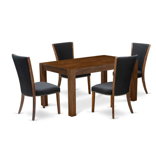 5-Pc Dining Table Set- 4 Kitchen Chairs And Rectangular Dining Table - Black Linen Fabric Seat And High Chair Back - Antique Walnut Finish And Dining Tables By East West Furniture | Dining Sets | Modishstore