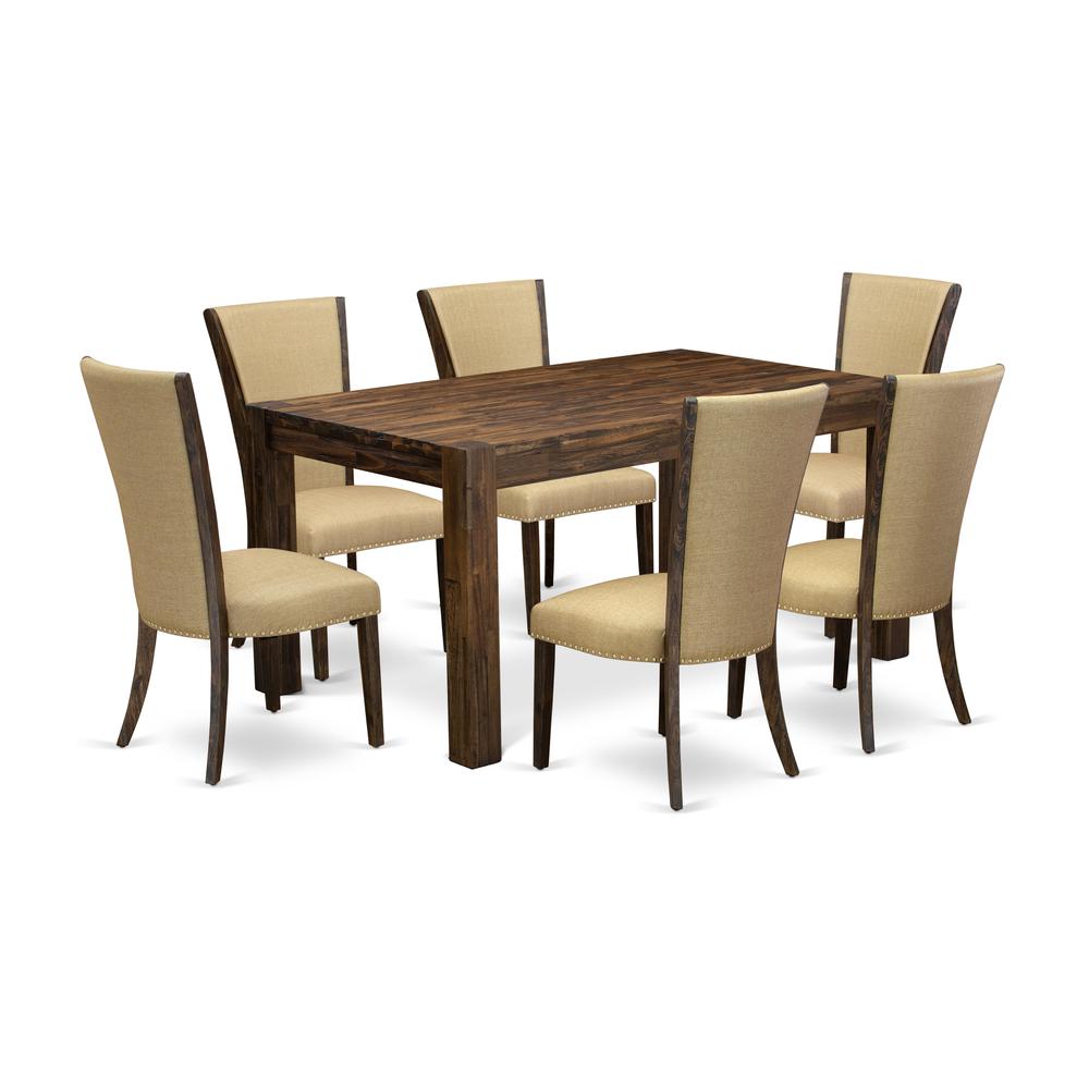 7-Pc Modern Dining Table Set- 6 Parson Dining Chairs And Dining Table - Brown Linen Fabric Seat And Stylish Chair Back - Distressed Jacobean Finish And Dining Tables By East West Furniture | Dining Sets | Modishstore