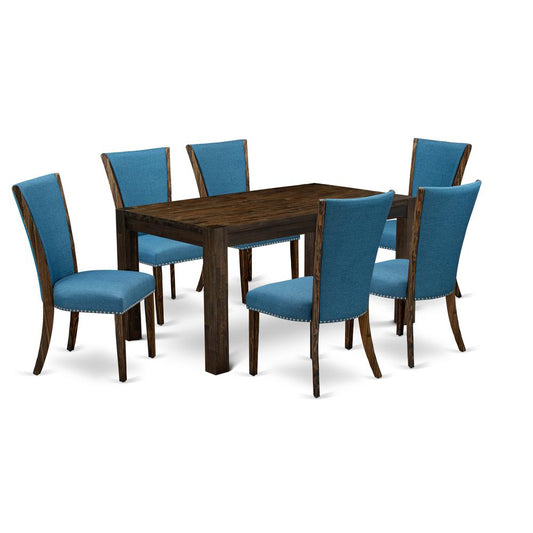 7-Pc Dining Room Set- 6 Mid Century Dining Chairs And Kitchen Table - Blue Linen Fabric Seat And High Chair Back - Distressed Jacobean Finish And Dining Tables By East West Furniture | Dining Sets | Modishstore