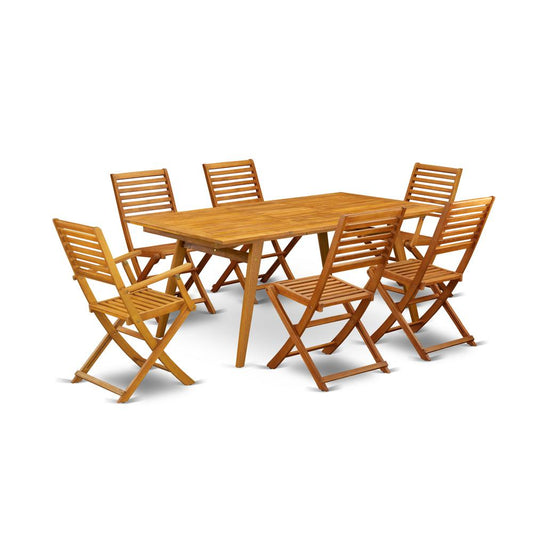 7-Piece Table Set- 6 Outdoor Arm Dining Chairs With Ladder Back And Small Table And Rectangular Top With Wooden 4 Legs - Natural Oil Finish By East West Furniture | Outdoor Dining Sets | Modishstore