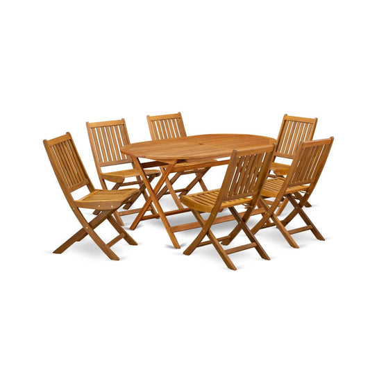 7-Piece Outdoor Table Set- 6 Outdoor Folding Chairs Slatted Back And Patio Table And Round Top And Dining Tables By East West Furniture | Outdoor Dining Sets | Modishstore