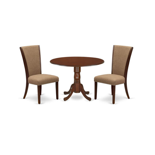 A Dining Room Table Set Of Two Excellent Dining Chairs With Linen Fabric Light Sable Color And A Beautiful Wooden Dining Table With Mahogany Finish By East West Furniture | Dining Sets | Modishstore