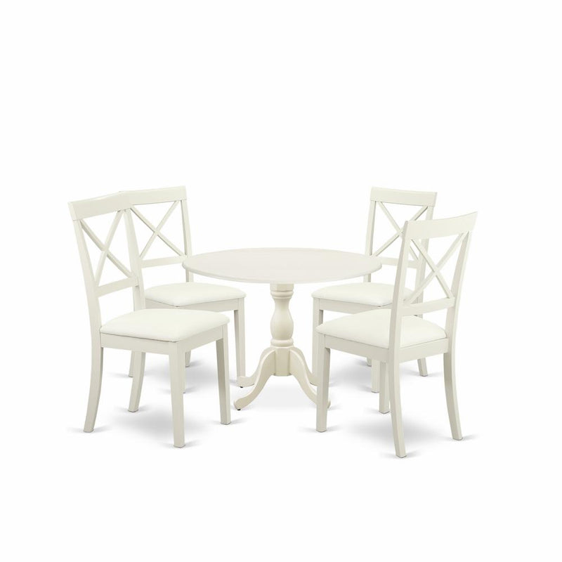 5 Piece Dining Room Set Includes 1 Drop Leaves Dining Room Table And 4 Linen White Faux Leather Mid Century Dining Chairs And Dining Tables By East West Furniture | Dining Sets | Modishstore