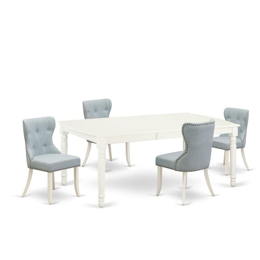 A Dining Table Set Of 4 Fantastic Kitchen Chairs Blue Color And  Rectangle Dining Table White Color By East West Furniture | Dining Sets | Modishstore