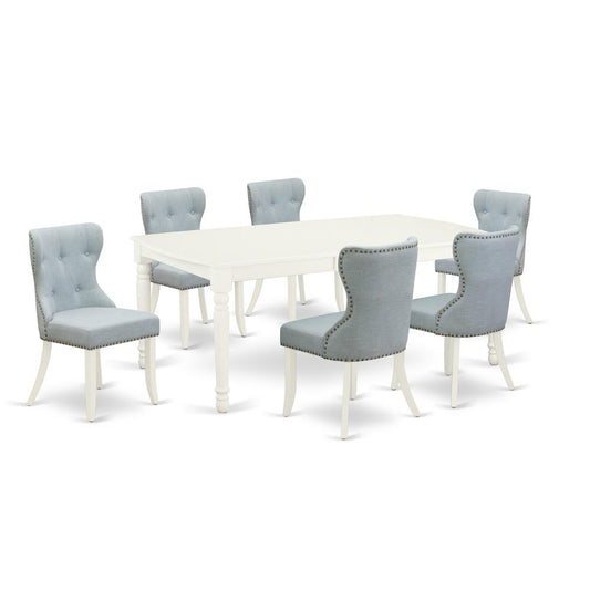A Dining Room Table Set Of 6 Excellent Dining Chairs Blue Color And Rectangle Dining Table White Color By East West Furniture | Dining Sets | Modishstore