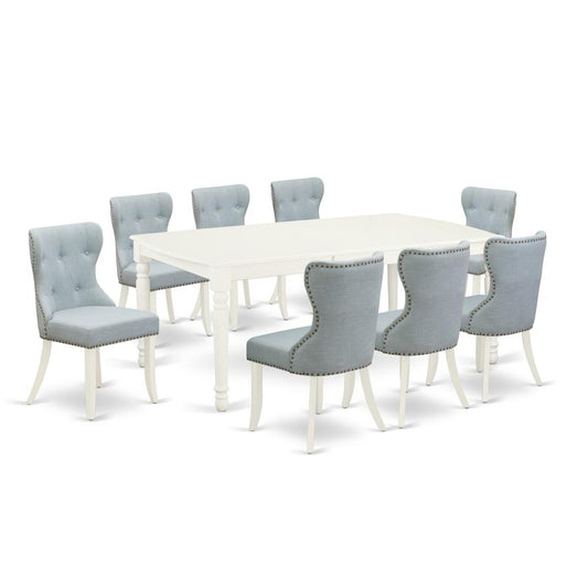 A Dining Set Of 8 Amazing Dining Chairs With Linen Fabric Baby Blue Color And A Beautiful Wood Kitchen Table With Linen White Color By East West Furniture | Dining Sets | Modishstore