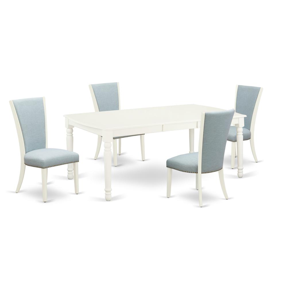 A Dining Set Of 4 Amazing Dining Room Chairs With Linen Fabric Baby Blue Color And An Attractive Wood Kitchen Table With Linen White Color By East West Furniture | Dining Sets | Modishstore